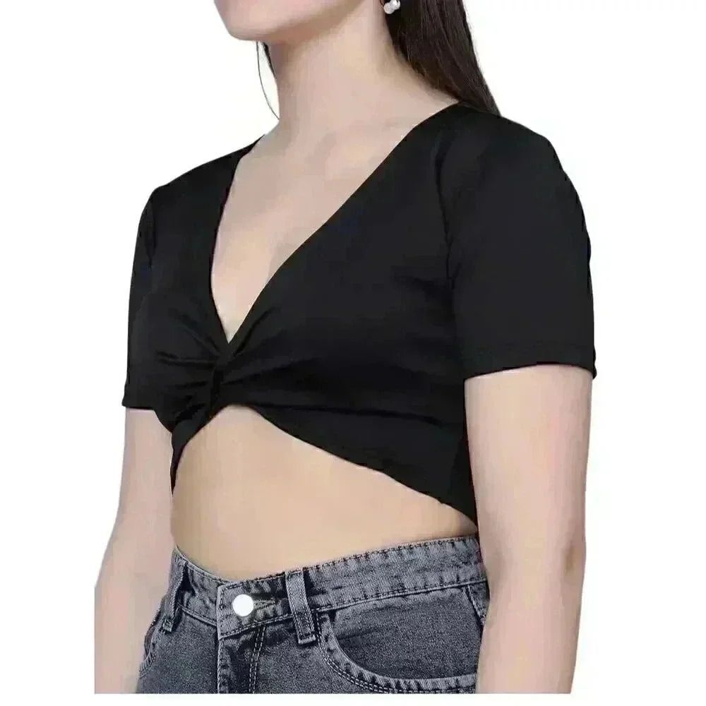 Missguided Women's Black Viscose/Spandex Knit Knot Front Cropped T-Shirt